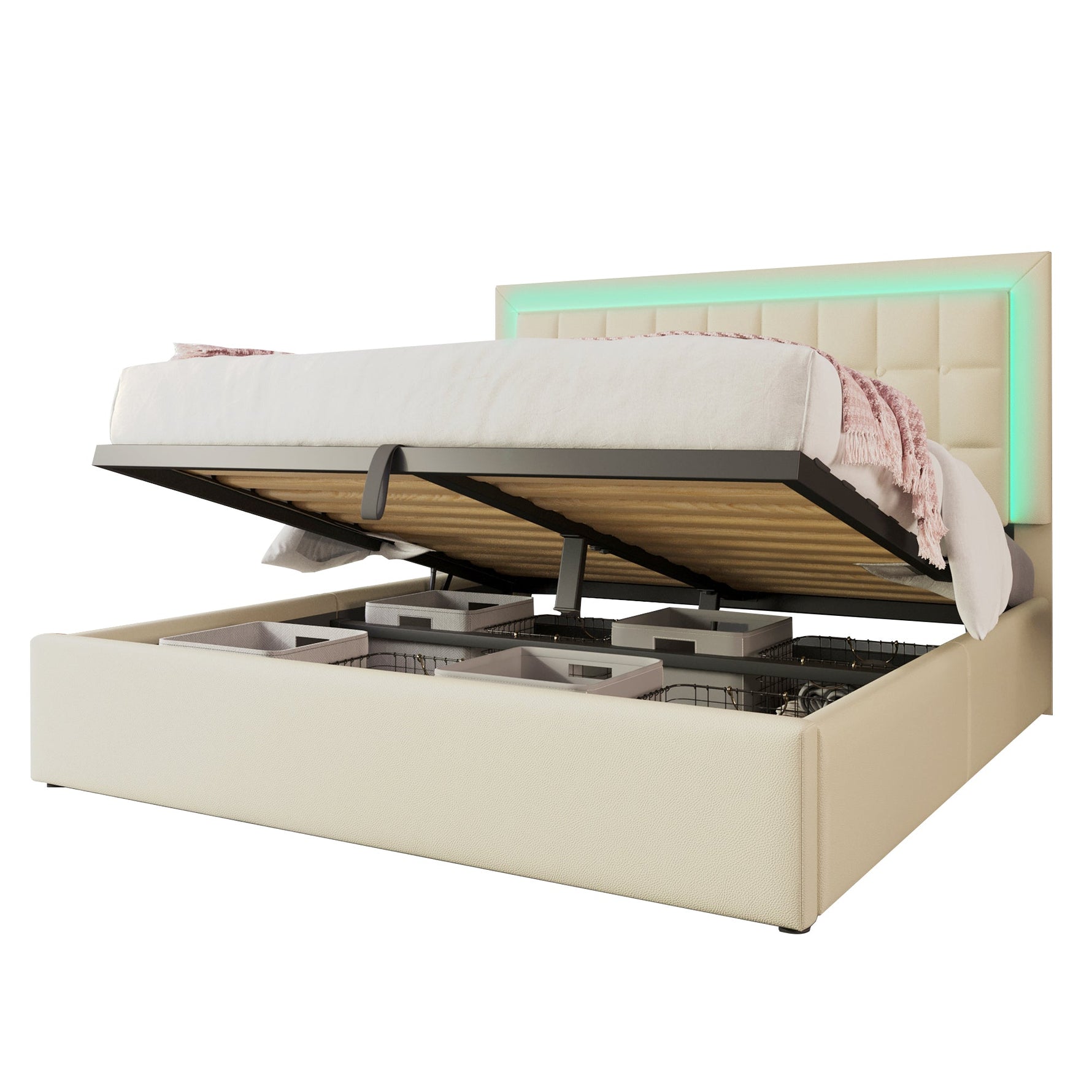 Upholstered Bed with LED Lighting, Storage Space and Mattress, 160x200cm, White Faux Leather