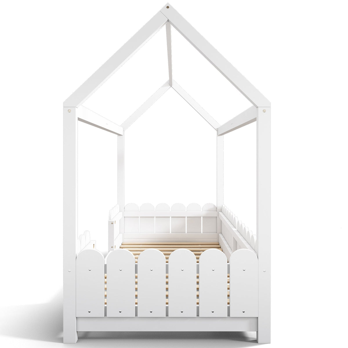 House bed 90x200 cm - versatile wooden children's bed with fall protection and slatted frame - white