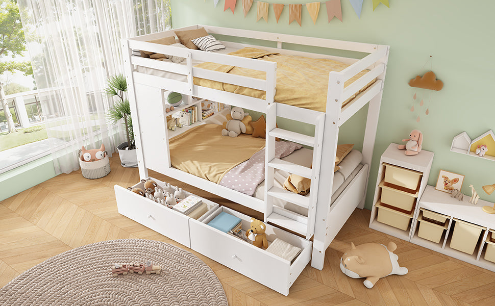 Bunk Bed 90x200 cm with 2 Drawers, Shelf & Ladder, White Wood