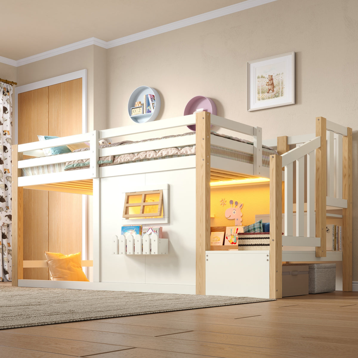 Loft Bed 90x200cm with Window, Storage & LED, Natural White Pine