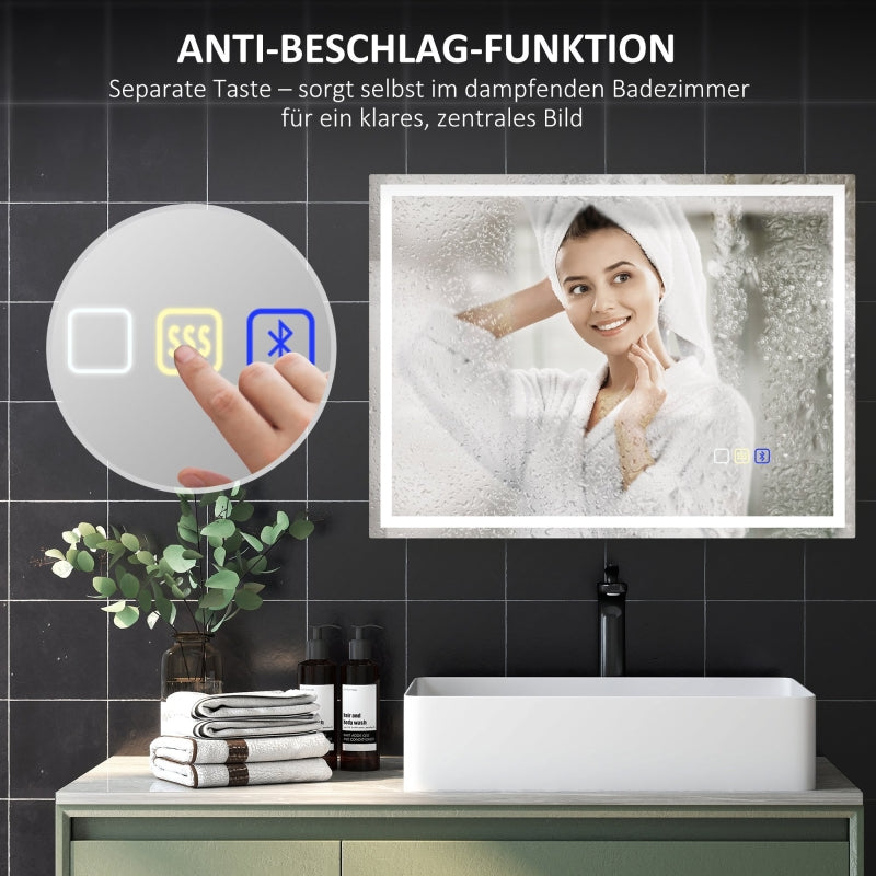 LED Bathroom Mirror 80x60 cm Bluetooth Anti-Fog Clock, Silver
