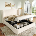 Upholstered Double Bed, Hydraulic Storage 140x190cm, Beige Bouclé