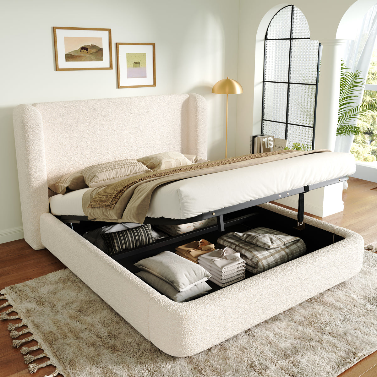 Upholstered Double Bed, Hydraulic Storage 140x190cm, Beige Bouclé