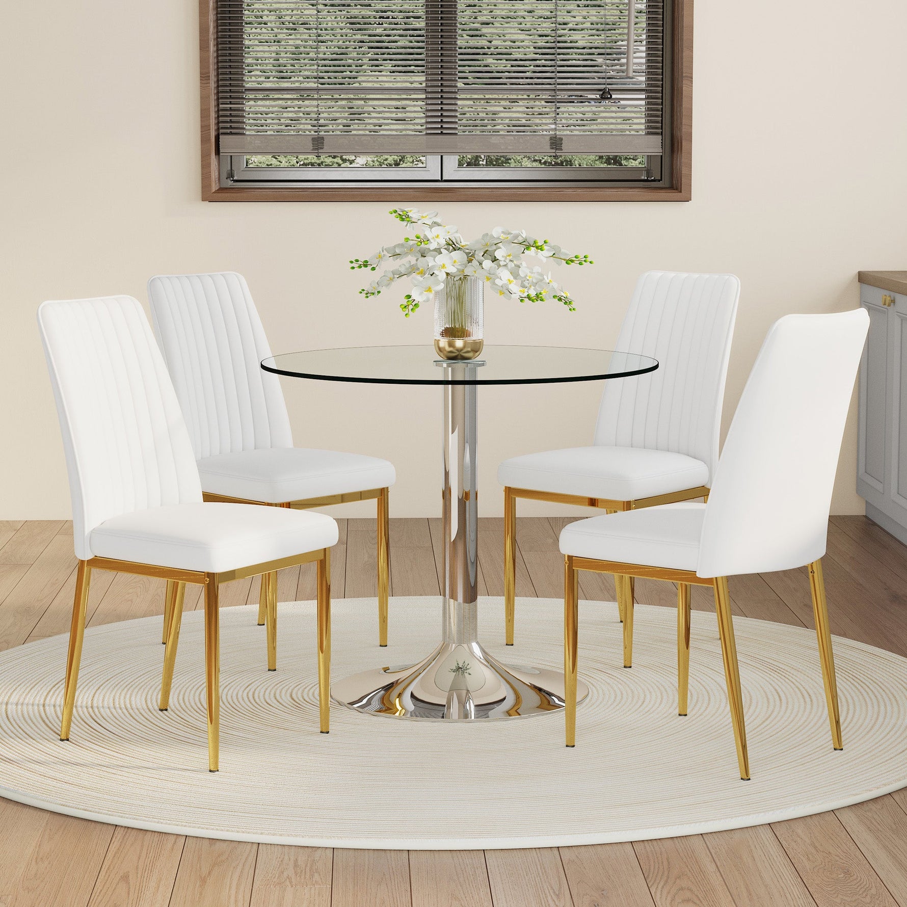 Dining Table Set, Minimalist 85cm Glass Table & 4 Chairs, White Faux Leather
