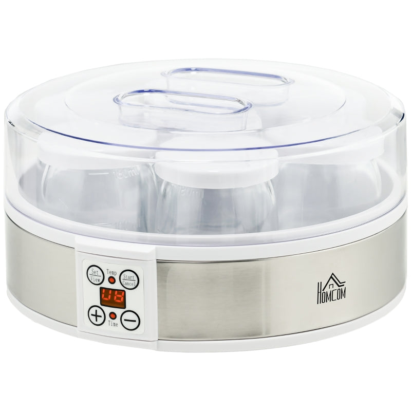 Yogurt Maker Machine, 7 Glass Jars, Stainless Steel, Silver and White