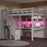 Solid Wood Bed 140x200 with Desk, Storage & LED - White