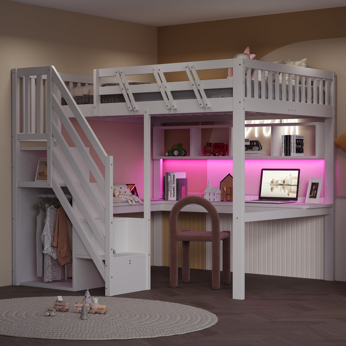 Solid Wood Bed 140x200 with Desk, Storage & LED - White