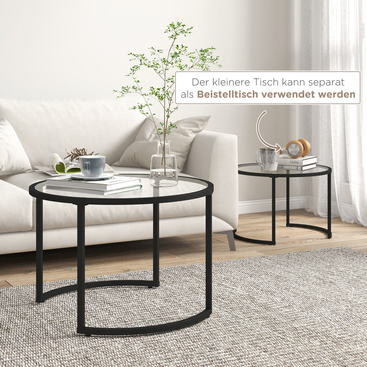 Coffee Table Set of 2, Stackable Side Tables, Black Steel & Tempered Glass