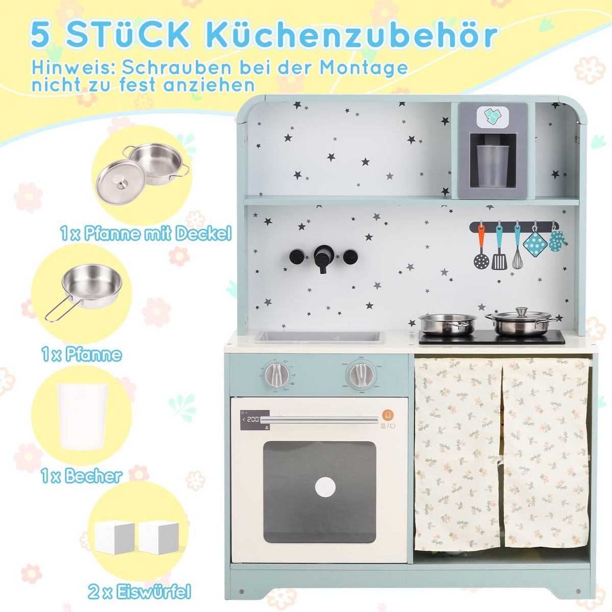 Children's Play Kitchen with Ice Maker and Microwave, Wood and Plastic, Blue