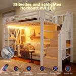 Loft Bed with Storage Steps, LED Lights and Iron Frame, 90 x 200 cm, White
