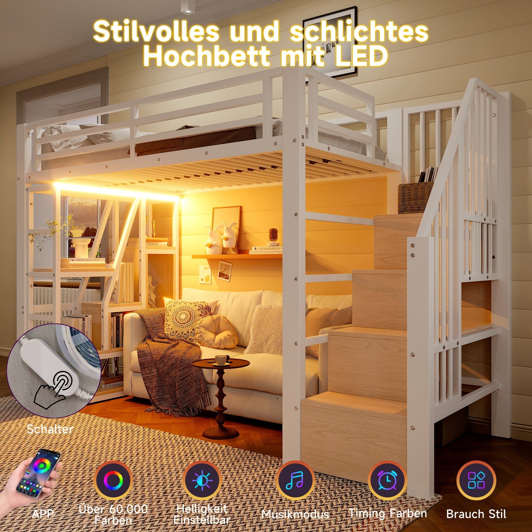 Loft Bed with Storage Steps, LED Lights and Iron Frame, 90 x 200 cm, White