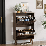 Shoe Storage Cabinet with Vertically Grooved Surface and Medieval Style, 60cm High, Walnut
