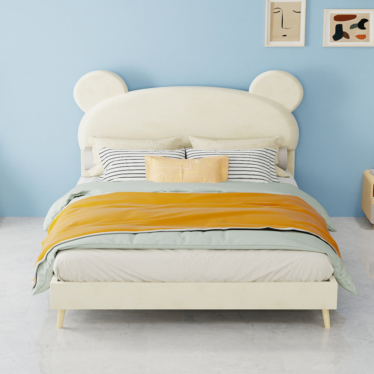 Modern Upholstered Bed 140x200cm with Mattress, Cartoon Design, Beige