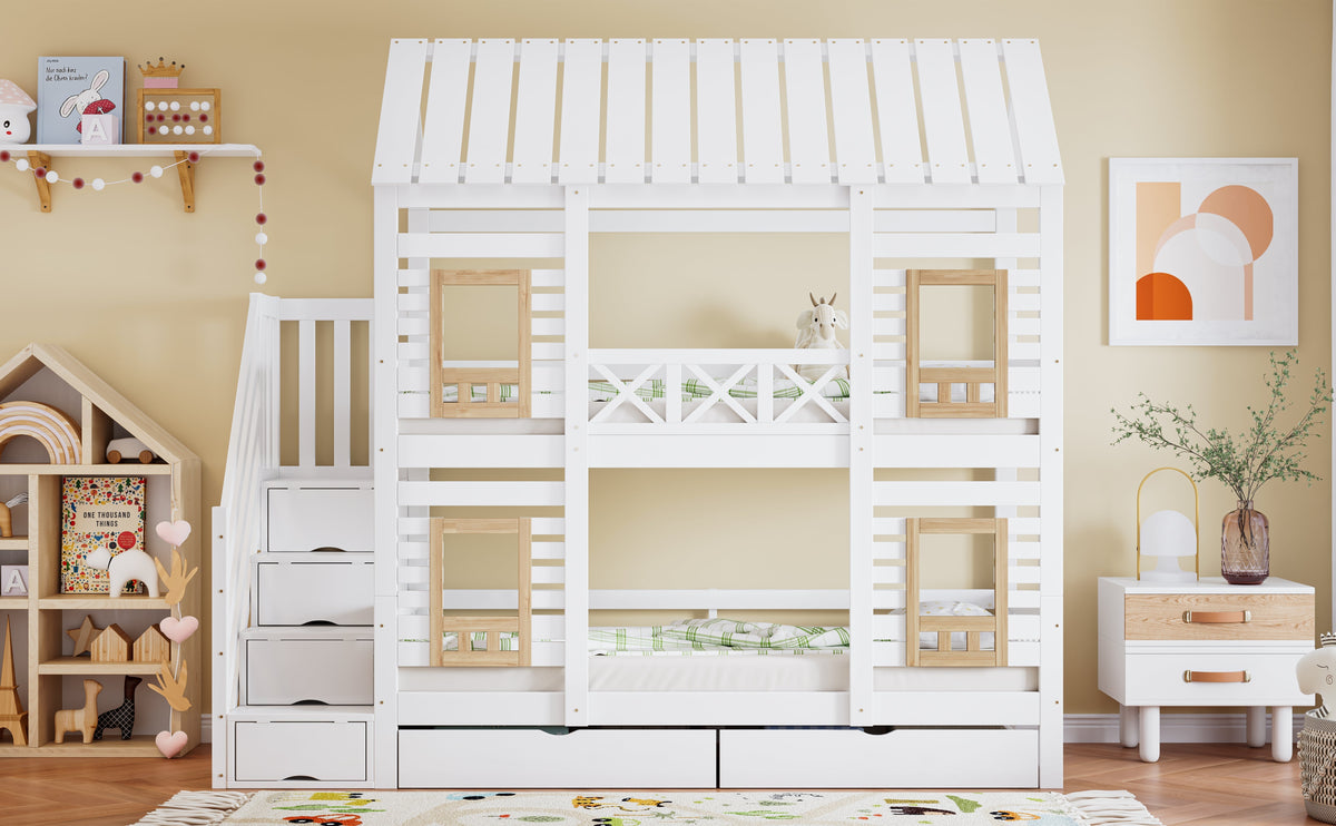 Bunk Bed Children's 90x200cm Safety Rail Storage Drawers Stairs, Pine+MDF White/Natural