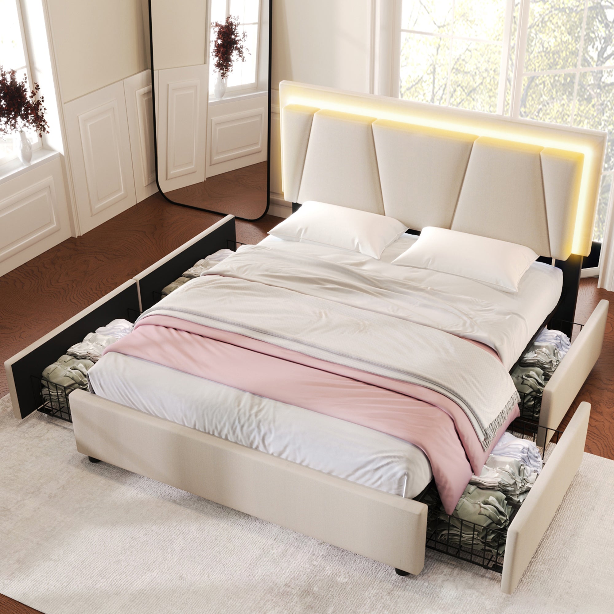 Upholstered Bed, LED Lighting, 4 Drawers, Adjustable Headboard, 140x200cm, Beige