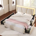 Upholstered Bed with LED Lighting, 4 Drawers and Adjustable Headboard, 160x200cm, Beige