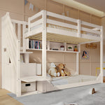 Bunk Bed 90x200cm with Staircase Storage & Safety Railing - White Wood