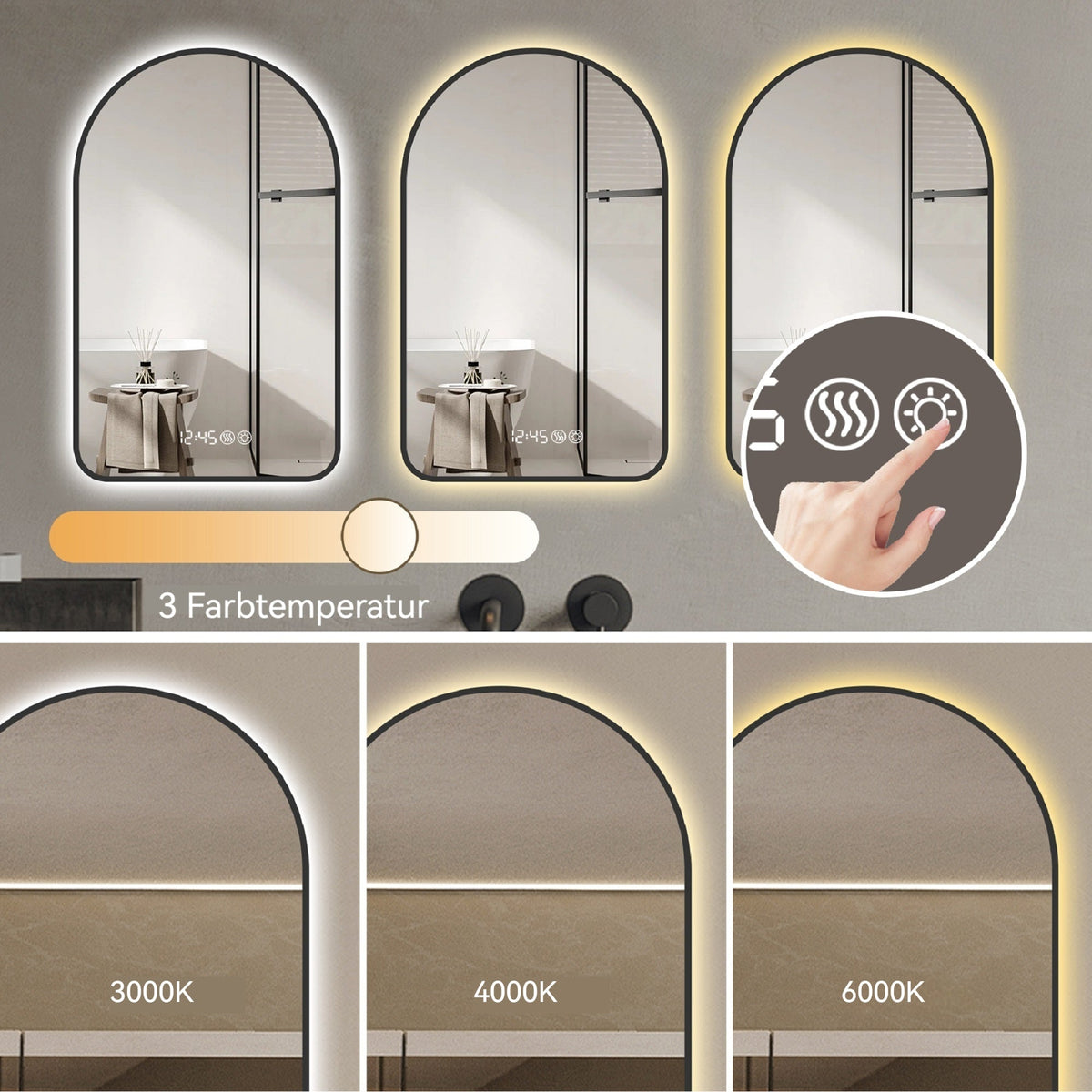Arched LED Bathroom Mirror, 70x120cm, Anti-Fog, Dimmable, Time/Temp Display, Black Frame