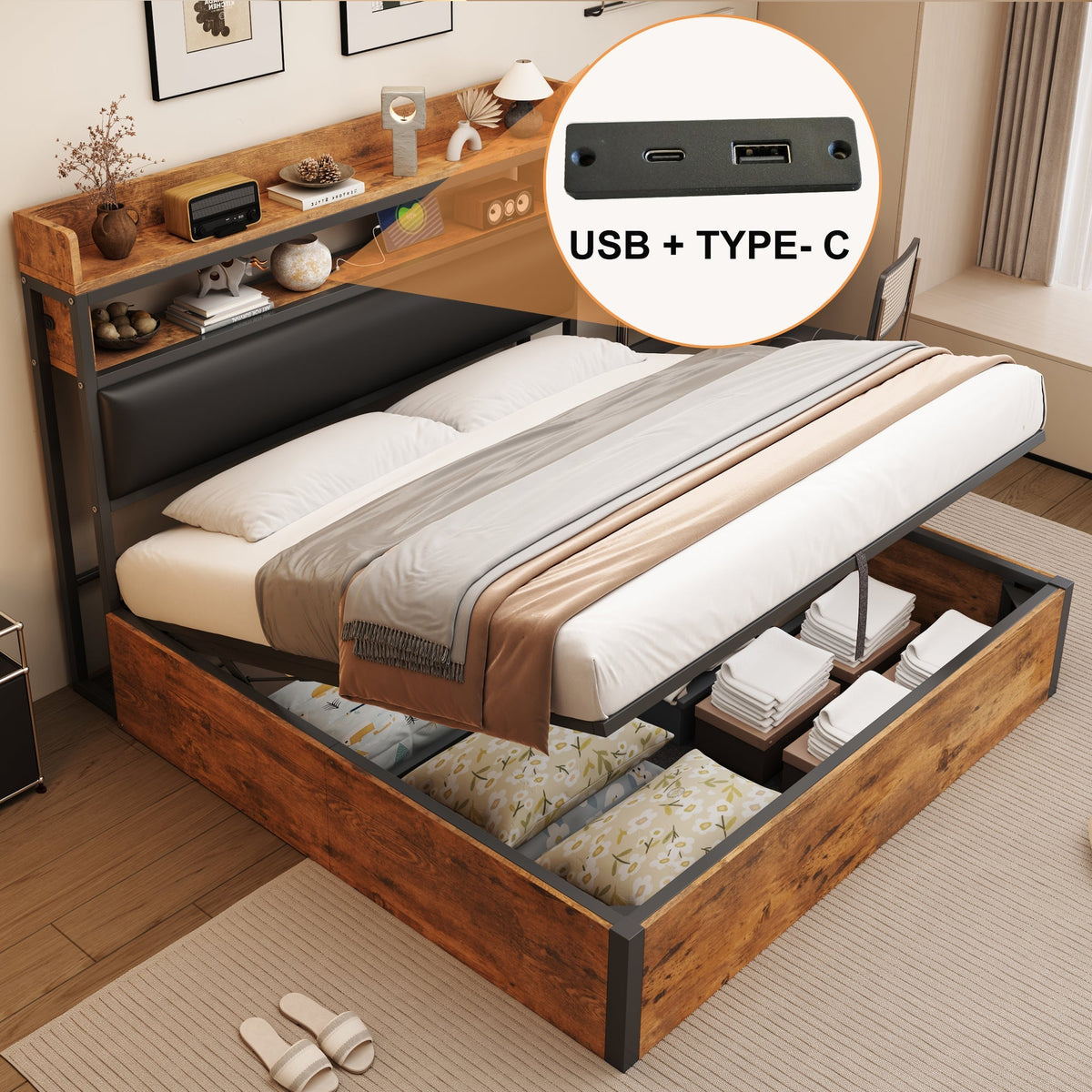 Bed Frame, 180x200, Hydraulic Lift, USB, Upholstered Headboard, Wood & Metal, Black