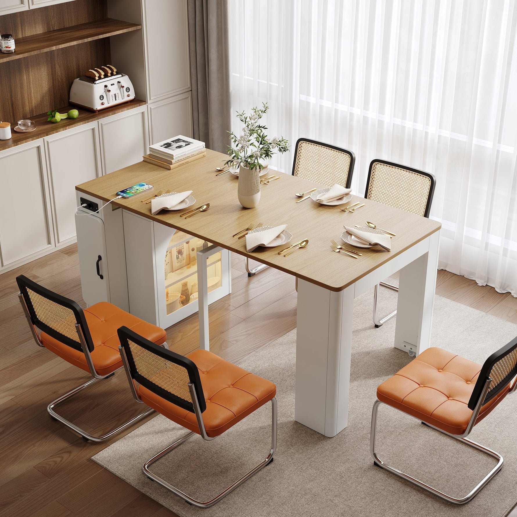 Mobile Kitchen Island Extendable Table Removable Top Power Strips - White