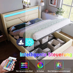 Hydraulic Storage Bed with LED Lighting and Remote Control, 160x200cm, White Upholstered