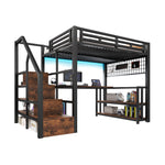 Loft Bed 140x200cm with Desk & Storage Staircase, Black Metal