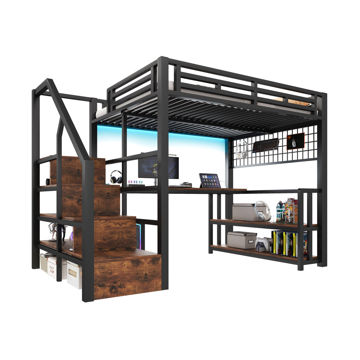Loft Bed 140x200cm with Desk & Storage Staircase, Black Metal