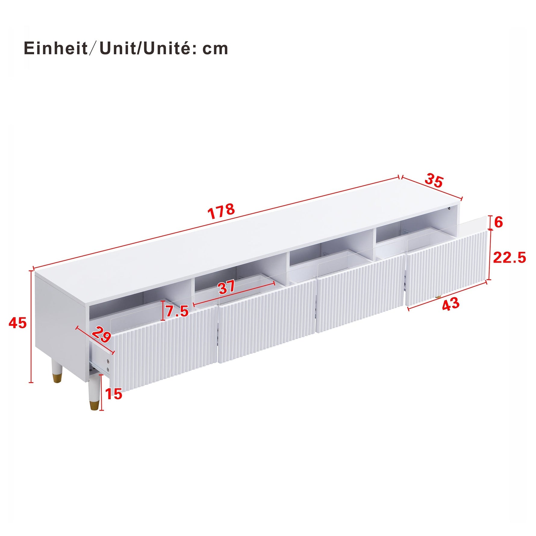 TV Cabinet 178cm, Minimalist Design, 4 Drawers, White MDF & Acrylic
