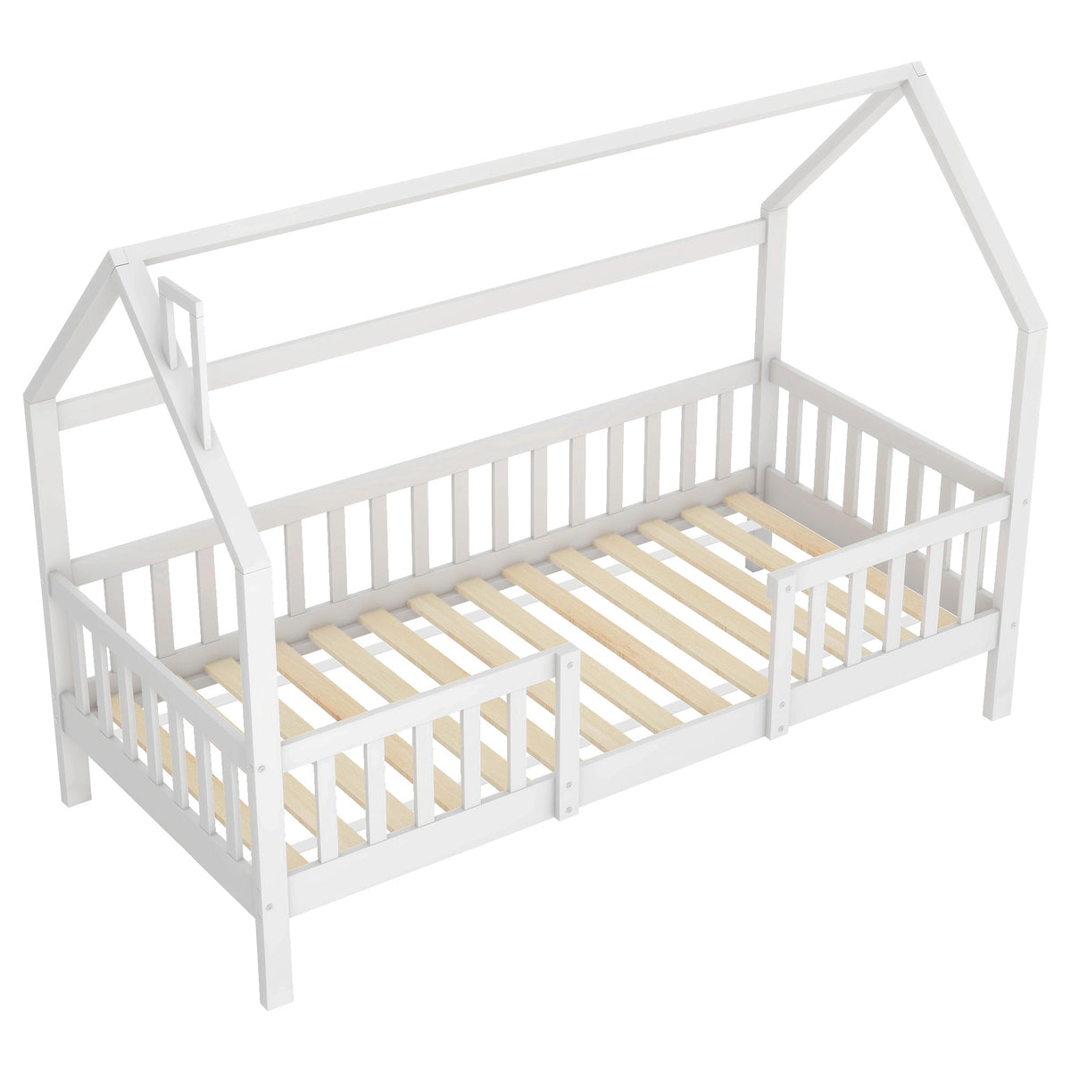 House Bed 90x200cm Chimney Slatted Base - White Pine Wood