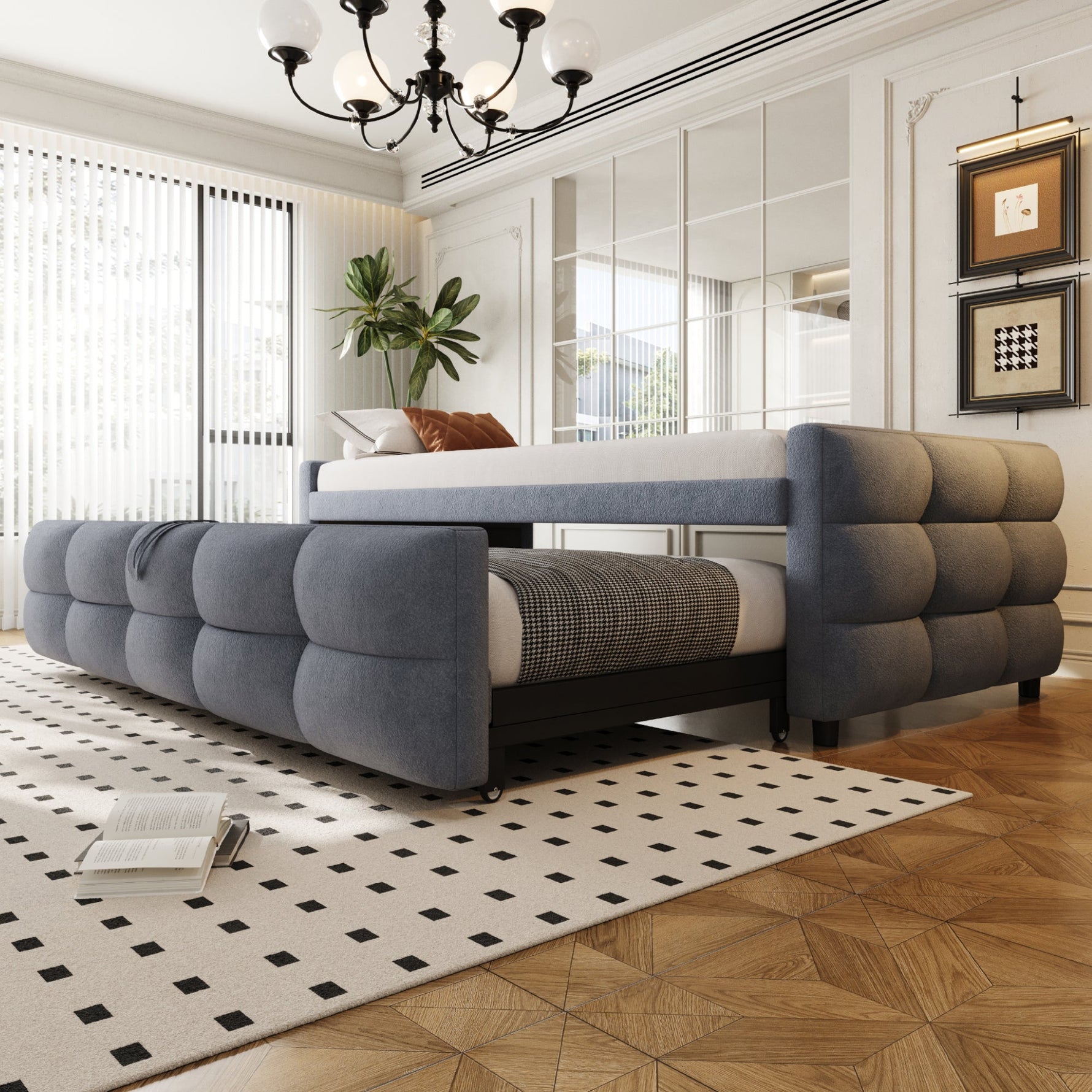 Extendable Upholstered Sofa Bed with Slatted Base and Teddy Velvet Fabric, Grey