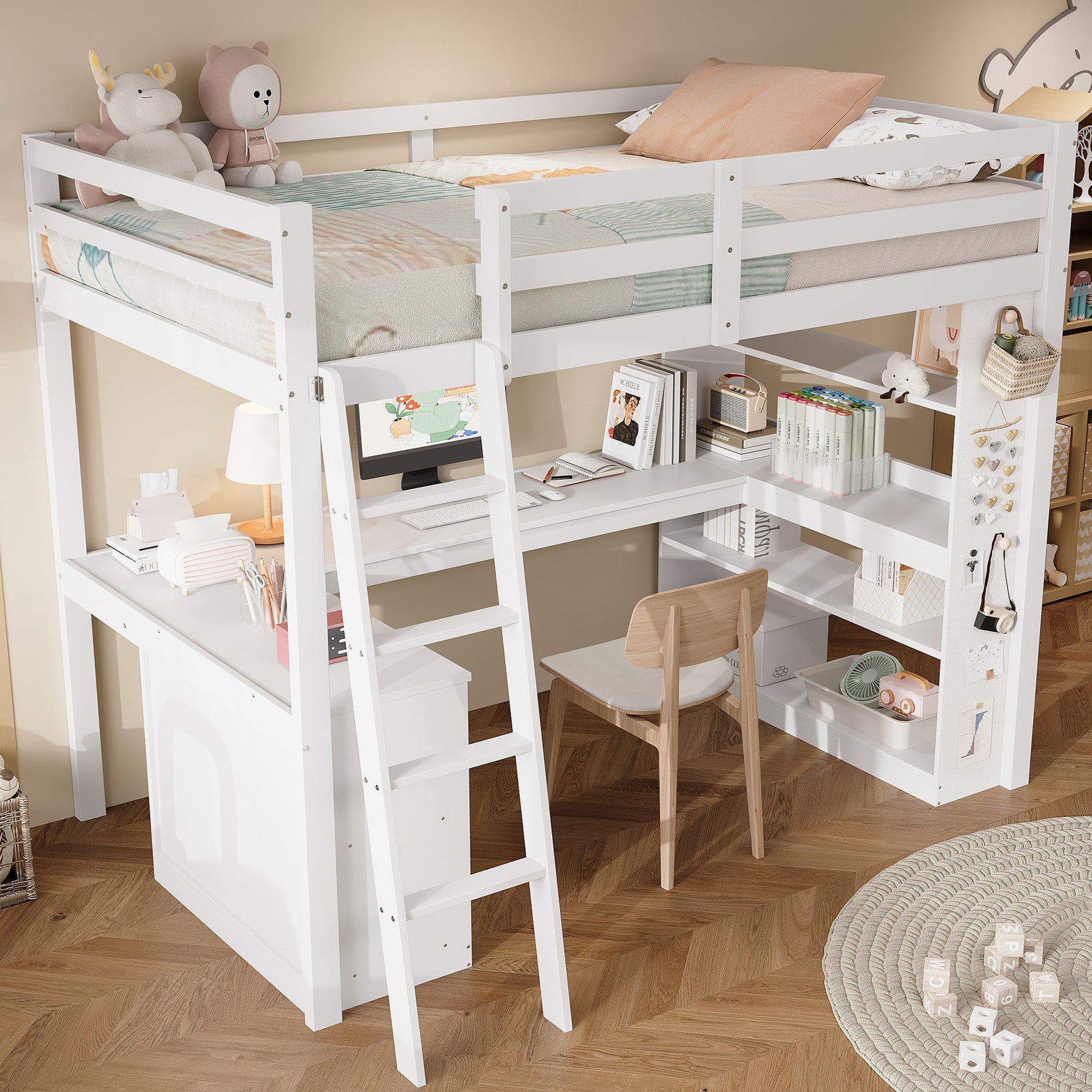 Bunk Bed Children's Storage Shelf Safety Railing Angled Ladder 90x200cm, Pine Chipboard White