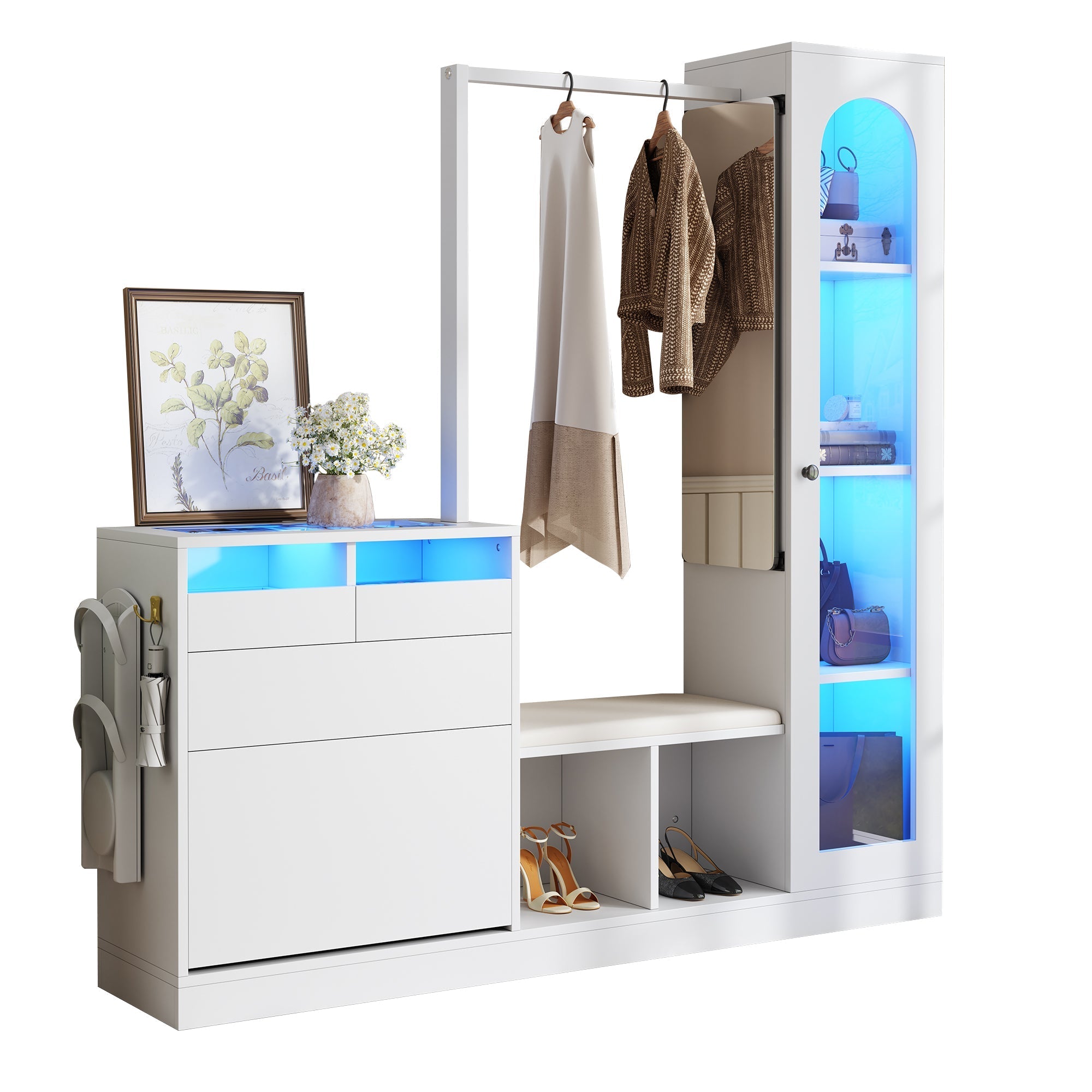 Entrance Combination, 6-in-1 Wardrobe Set, Dressing Table, Shoe Bench, Shoe Cabinet, Display Case with Color-Changing LED Light