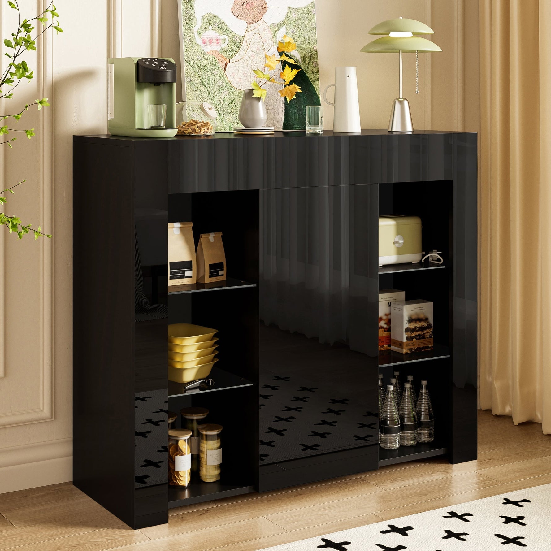 Buffet Cabinet, Compact Storage with Glass Shelves and Door, Black High-Gloss