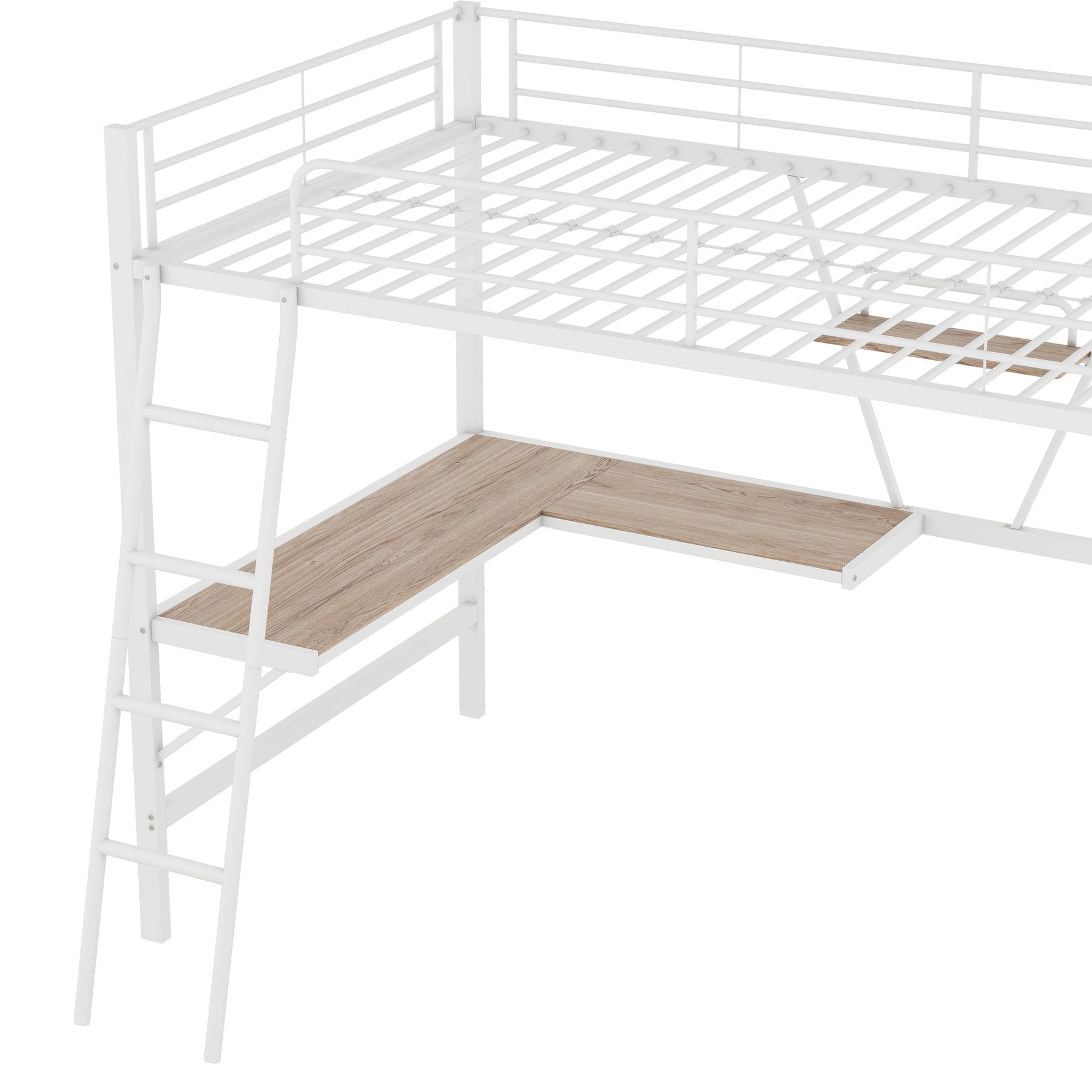 Loft Bed with L-Shaped Desk and Shelf, 90x200cm Metal Frame, White
