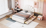 Upholstered Bed, 140x200cm Flower Headboard, Storage, Velvet Beige