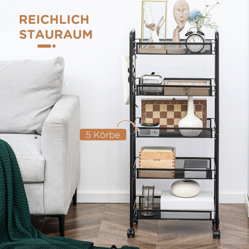 Rolling Cart 4 Tier, 5 Baskets, Steel Black