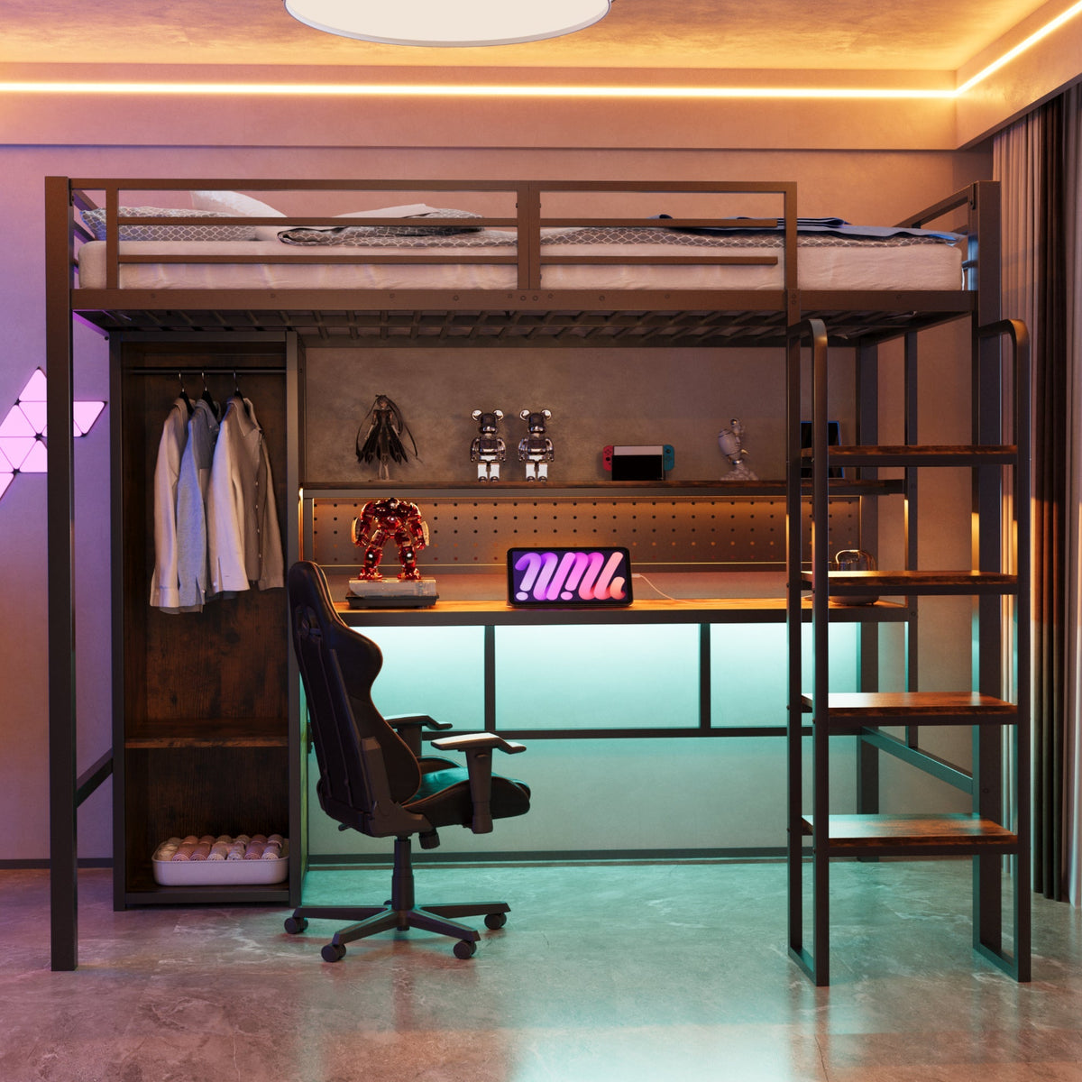 Metal Loft Bed with Large Desk, Wardrobe and LED Light Strip, Black