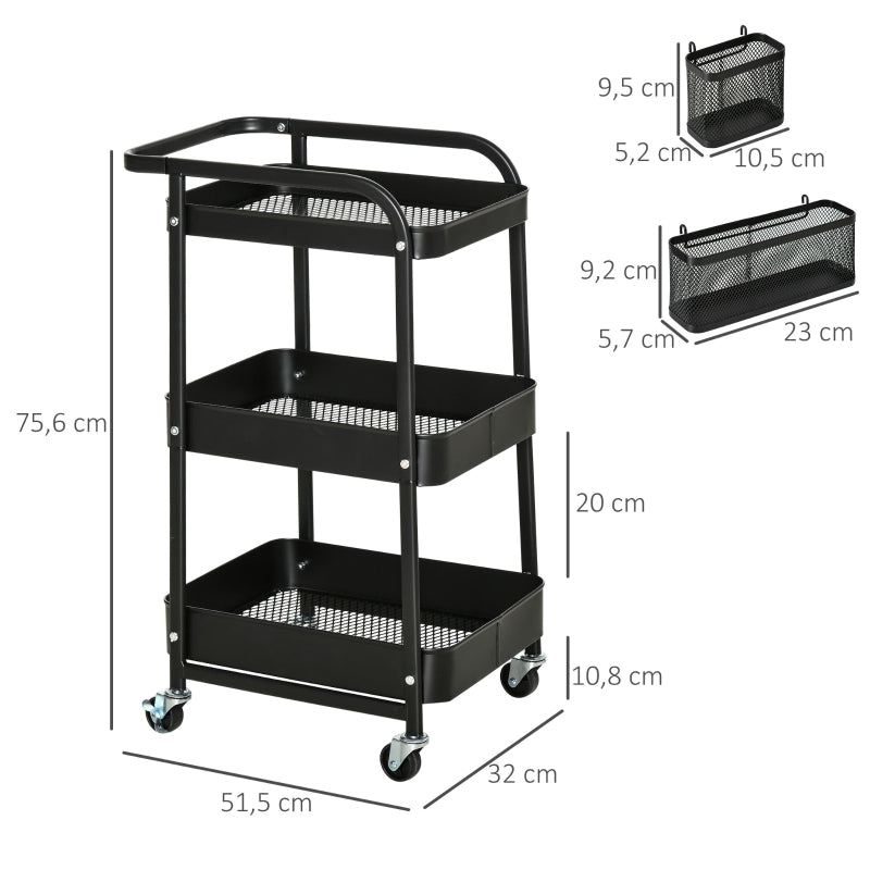 Kitchen Trolley with Perforated Board & Towel Holder, Storage Baskets, Black