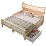 Children's Bed with Cat Ear Headboard, RGB LED Lighting, Storage Drawer and Safety Rails, 140x200cm, White and Oak