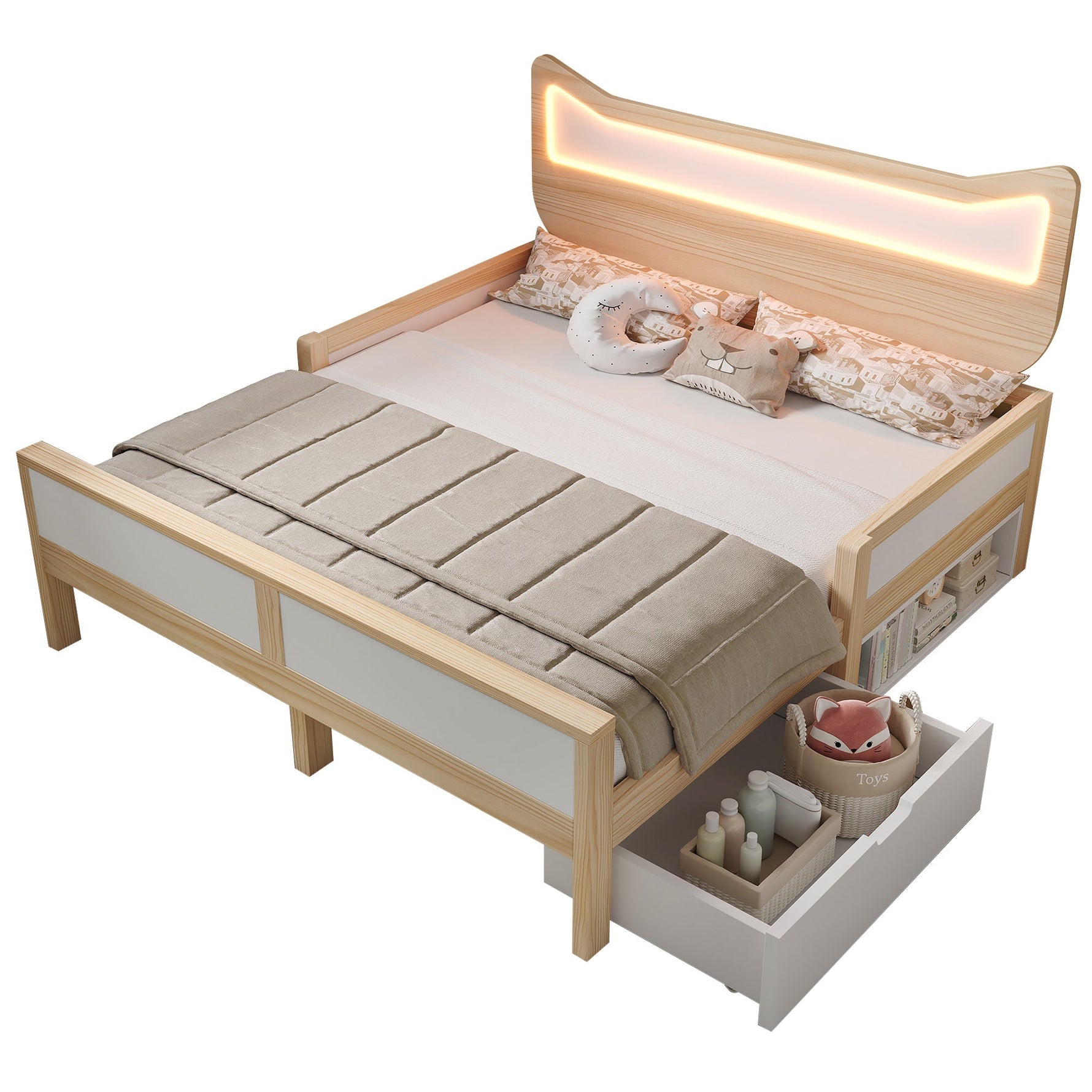Children's Bed with Cat Ear Headboard, RGB LED Lighting, Storage Drawer and Safety Rails, 140x200cm, White and Oak