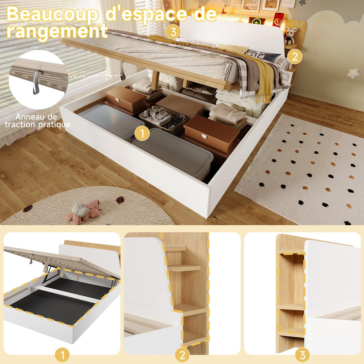 Panel Bed 140x200cm Hydraulic Storage USB-C LED Lighting White/Natural