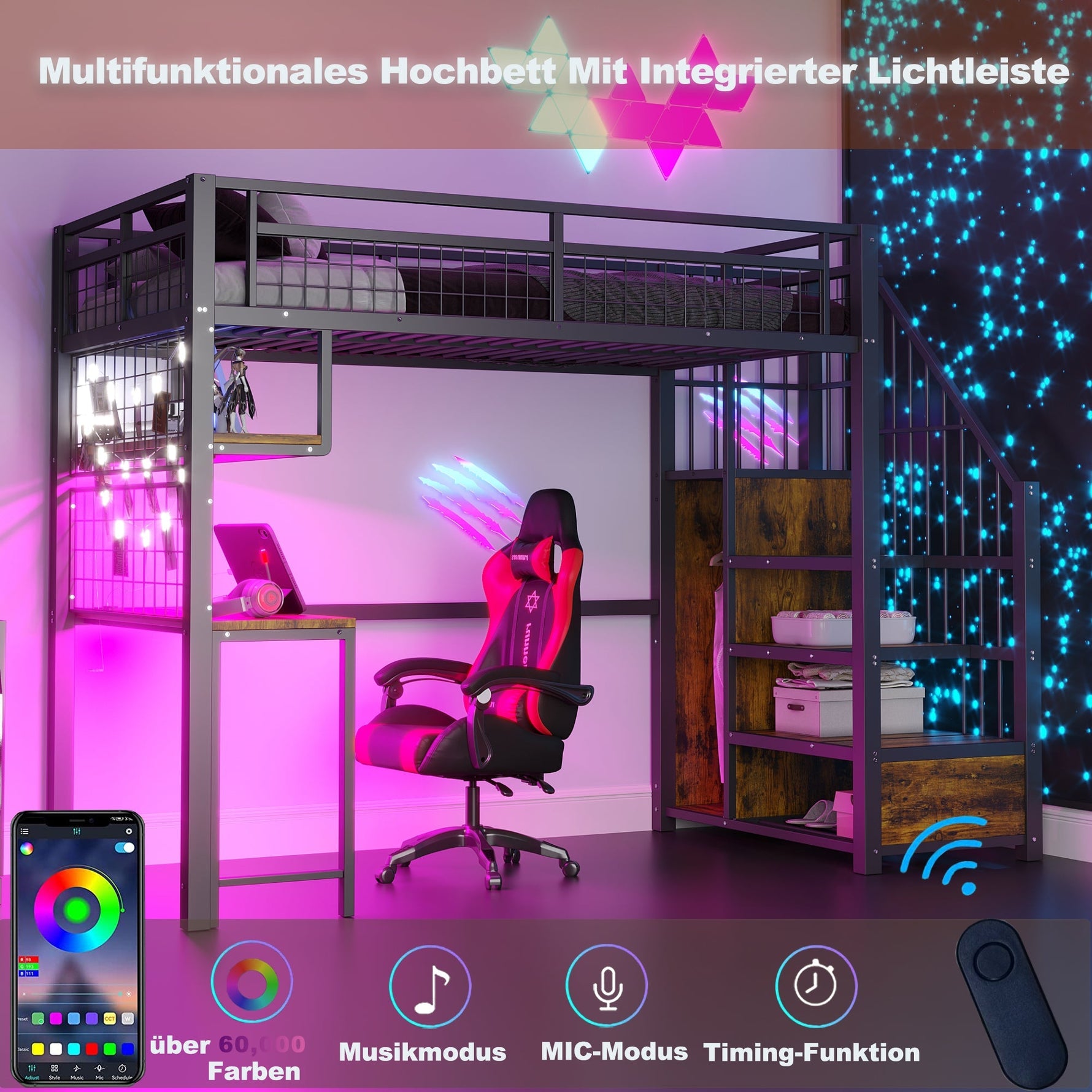 Metal Loft Bed 90x200cm Storage Ladder Wardrobe Desk Light & USB - Black