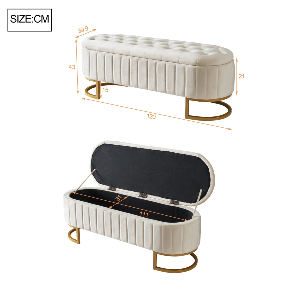 Sofa Bench Footstool with Storage, 120x40cm, Beige Velvet Fabric