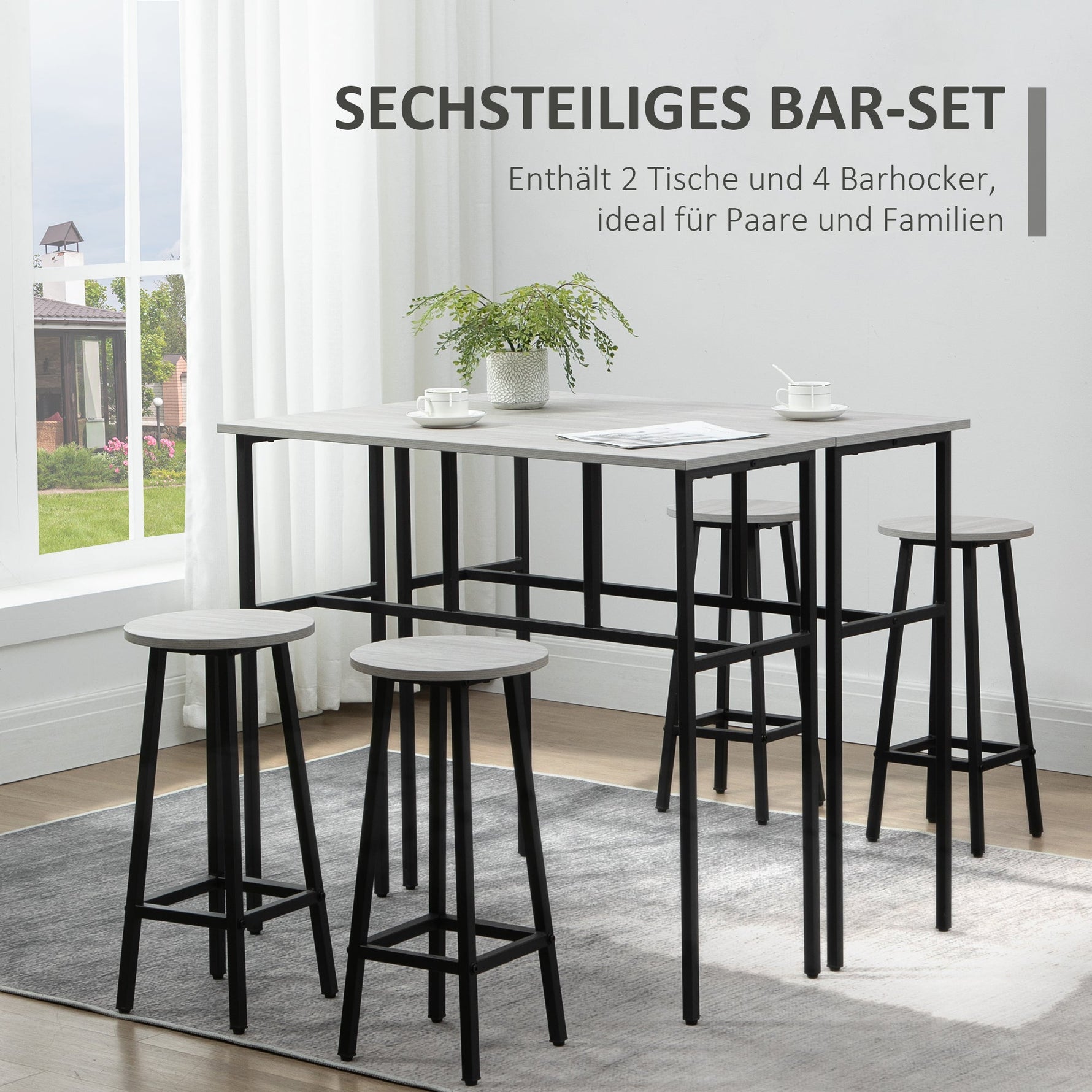 Dining Set, 6-Piece with 2 Bar Tables and 4 Stools, Industrial Design, Gray and Black Chipboard and Steel