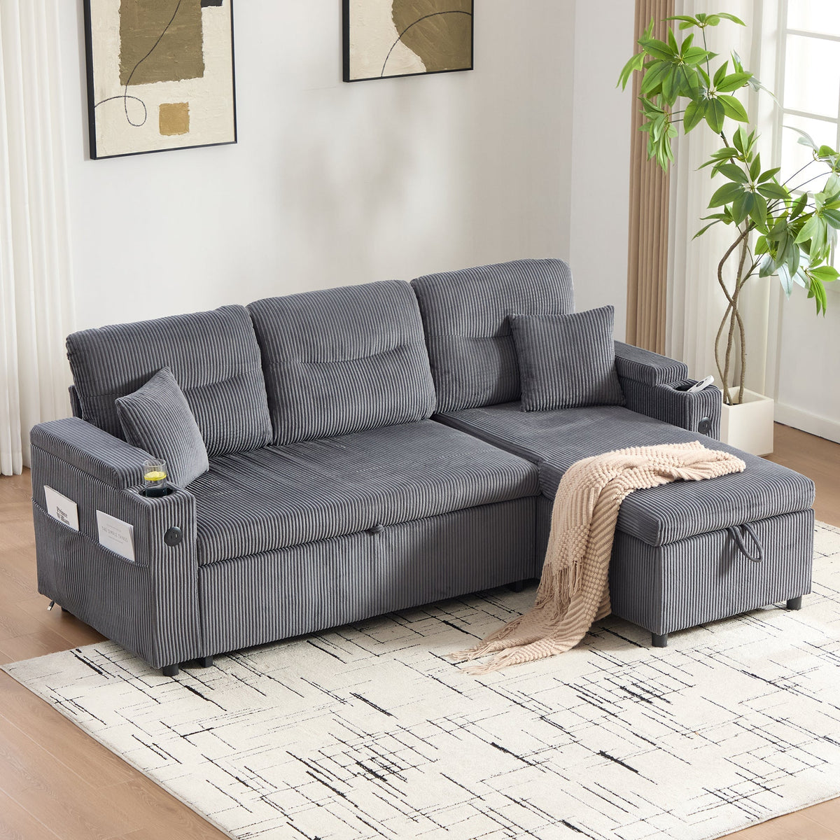 Modern 3-Seater Sofa with Storage, Cup Holders and USB-C Charging, Corduroy