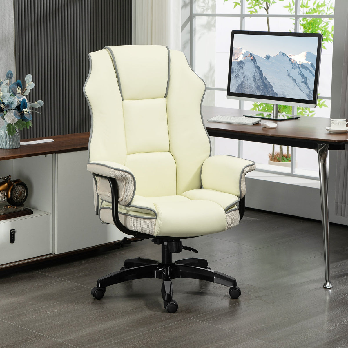 Office Chair, Ergonomic Adjustable Reclining, Cream