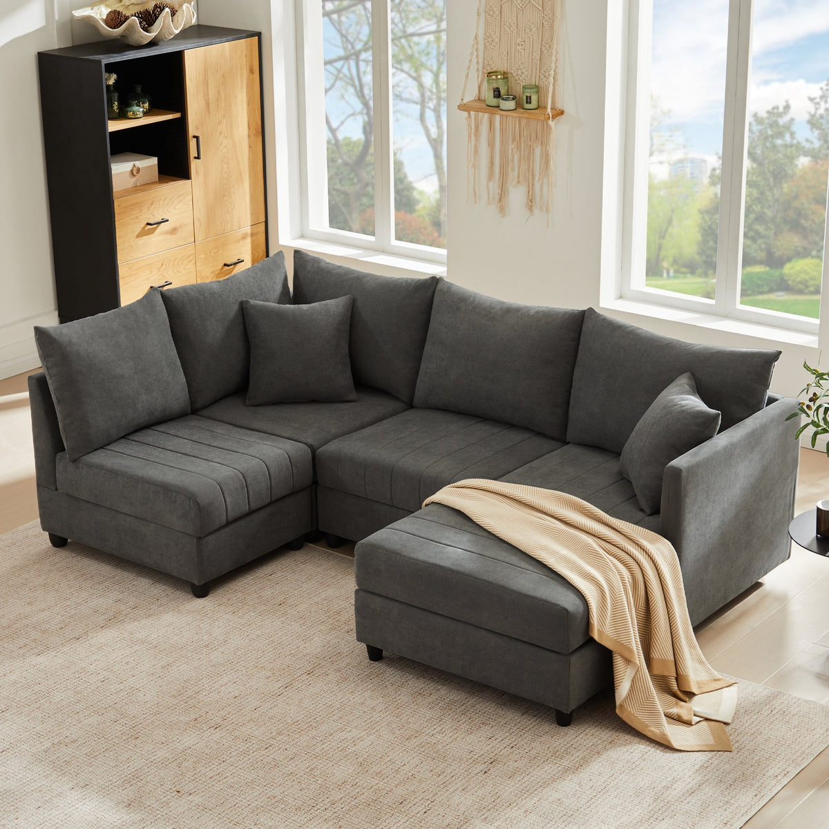 Modular Corner Sofa 5-Seater Convertible Footstool L/U-Shape Vertical Stripes