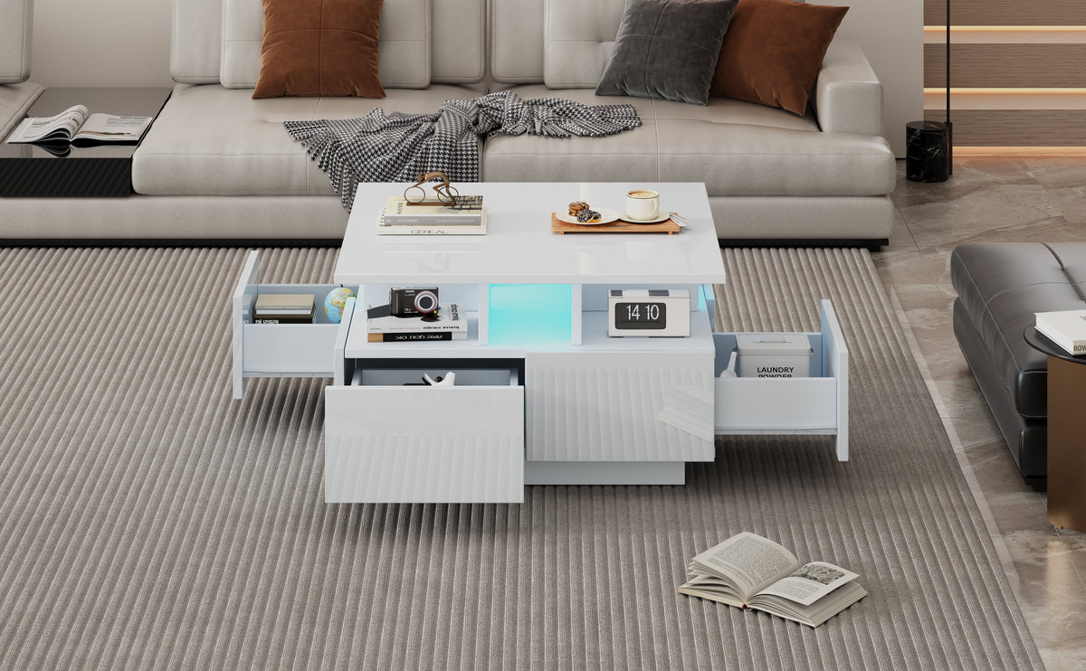 Coffee Table 70x70x40cm High-Gloss LED Light 4 Drawers Geometric Design, White