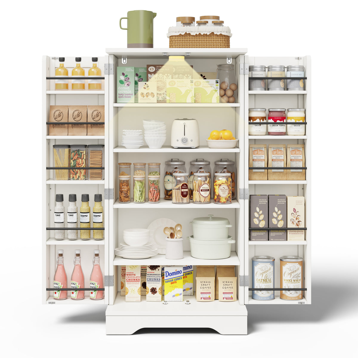 Kitchen Cabinet with LED Sensor Light and Adjustable Shelves, White