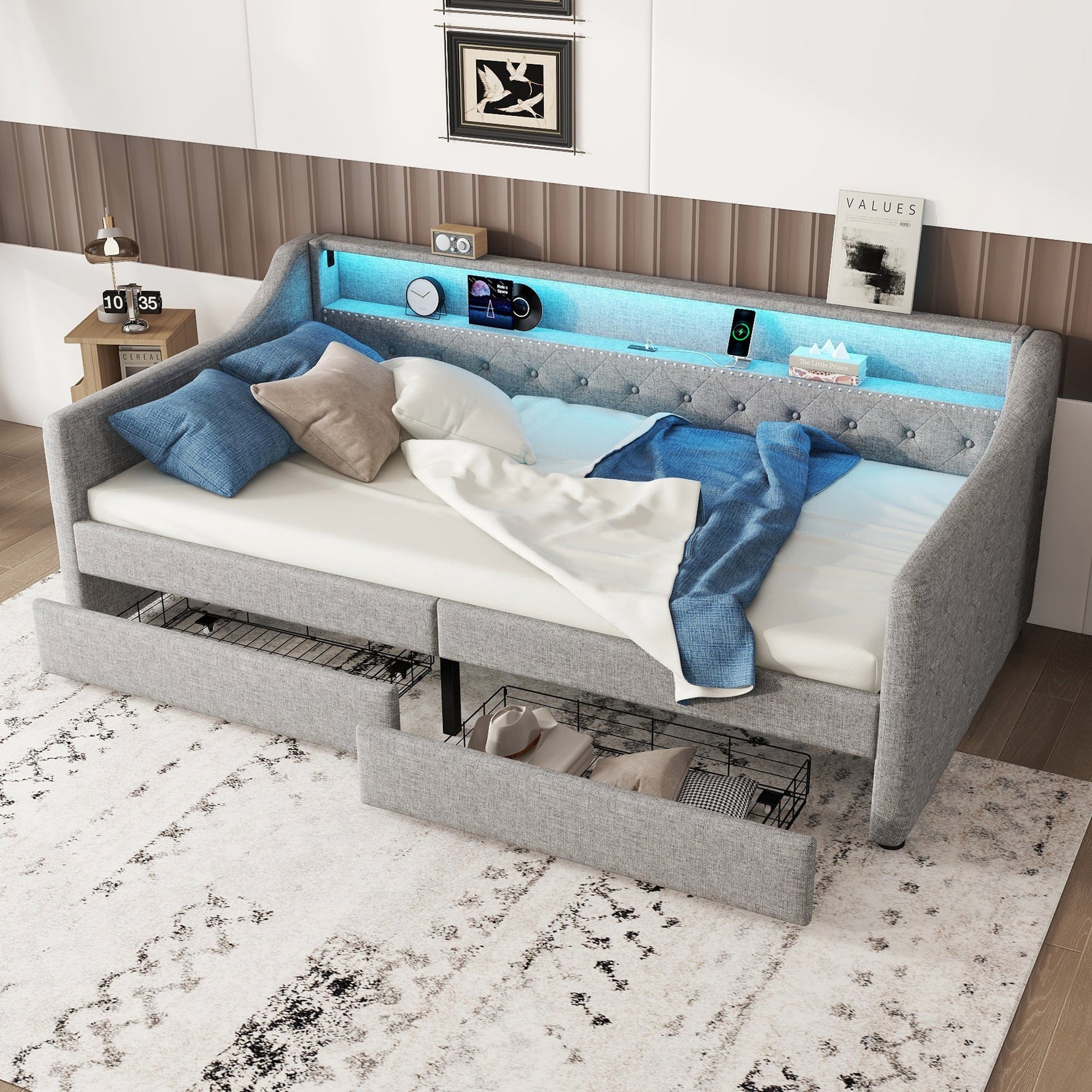 Daybed with LED Lighting, Slatted Base, Drawers and USB Port, Grey Linen